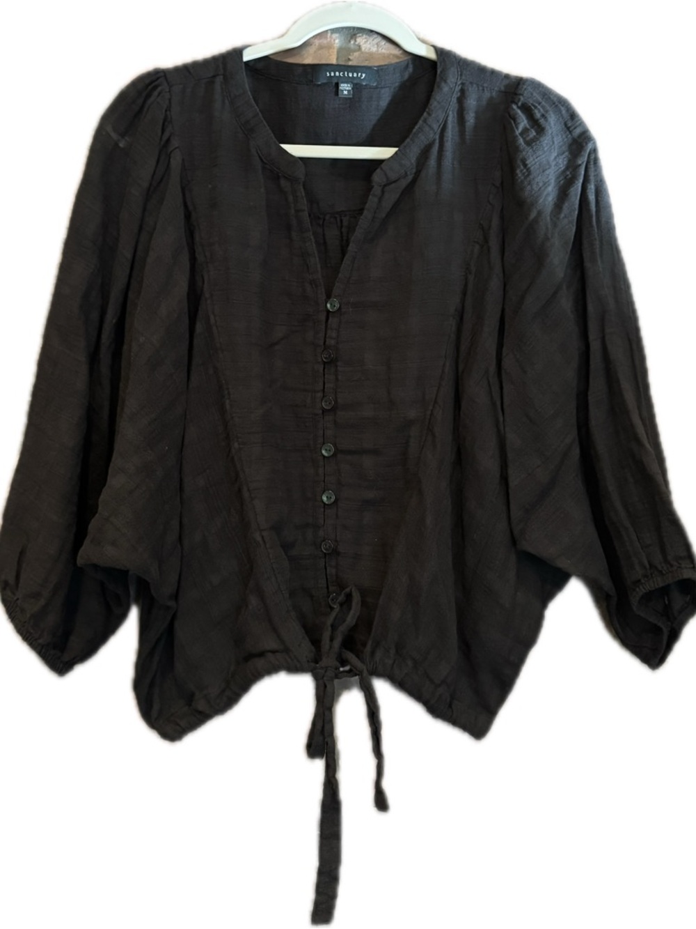 Sanctuary Black Button-Front Tie-Hem Peasant Blouse